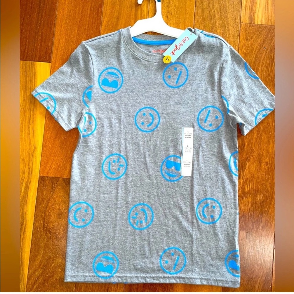 Gray T-Shirt with Blue Smiley Faces